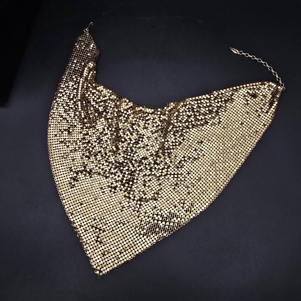 Whiting & Davis Gold Tone Mesh Bib Necklace Vintage Costume Jewelry - Picture 9 of 9